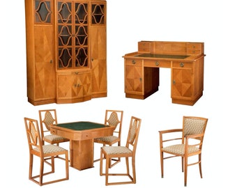 Rare circa 1920 Art Deco Josef Hoffman Style Salon Suite Set, Tanker Desk Bookcase Center Games Table & Chairs