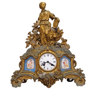 Antique French Sevres Porcelain Plaque Gilt Bronze Signed Louis Hottot Mantel Shelf Clock with Stamped Japy Freres Silk Thread Suspension