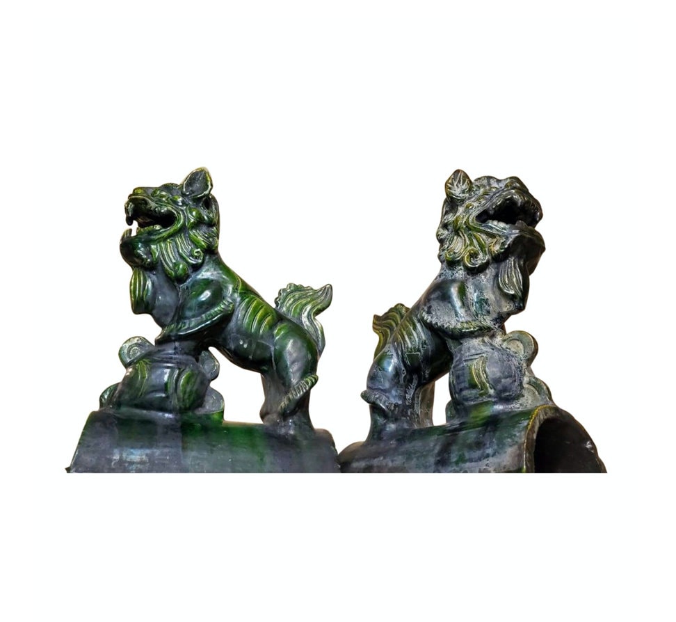 Antique Chinese Qing Dynasty Green Glazed Terracotta Guardian Lion/Foo Dog Architectural Temple Roof Tile Figure Statue Pair