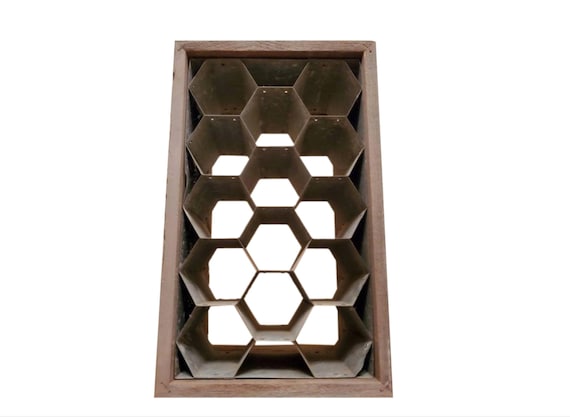 Vintage Fourteen Bottle Rustic Wood and Patinated Metal Honeycomb