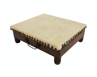 19th Century Victorian Coach Travel Seat Warmer / Foot Warmer Stool Mahogany Wooden Box, Upholstered, Metal Tank Insert