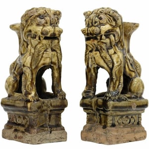 Antique Pair of Chinese Foo Dog Guardian Lion Glazed Ceramic Sculpture Incense Burner Candle Holder