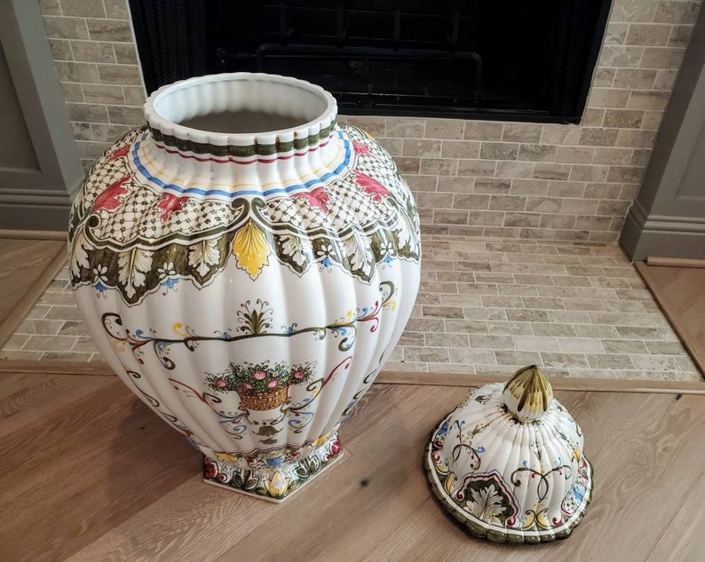 Monumental Italian Porcelain Hand Painted Fiori Urn Floor Vase, Signed, D.P. Italy, Artist M Dalla Costa image 8