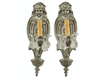Baroque Silvered Bronze & Rock Crystal Prism Wall Sconce Pair Maison Bagues Attrib