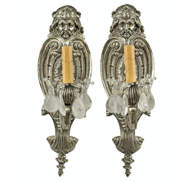 Baroque Silvered Bronze & Rock Crystal Prism Wall Sconce Pair Maison Bagues Attrib