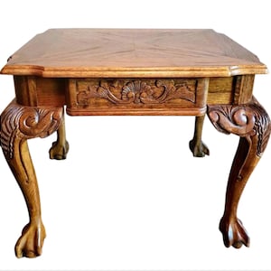 Vintage Carved Oak Ball & Claw Parquetry Inlaid Side Table / Traditional Style Occasional Table