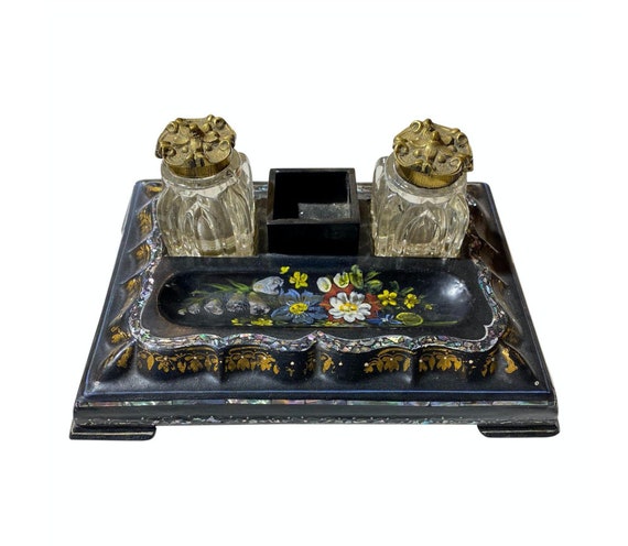 Papier Mache and Mother of Pearl Desk Set Papier Mache and Mother of Pearl Desk Set