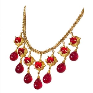 ON HOLD -- Vintage Chanel Gripoix Pate de Verre Bib Necklace With Red Poured Glass Teardrops