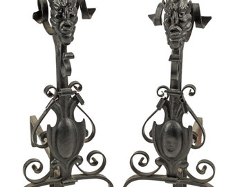 Antique Gothic Grotesque Mask Scrolling Wrought Iron Andiron Pair