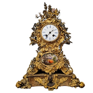 Antique French Louis XV Rocaille Style Porcelain Mounted Gilt Bronze Ormolu Mantle Clock