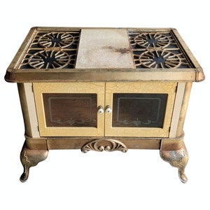 Antique American Early Kitchen Stove Wood Oven now Console Table w/ Glass-Door Storage Cabinet Kitchen Island , Enameled Cast Iron Metal image 1