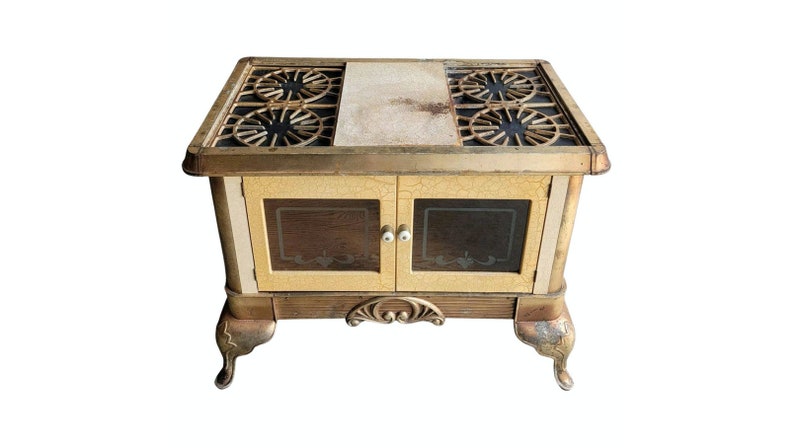 Antique American Early Kitchen Stove Wood Oven now Console Table w/ Glass-Door Storage Cabinet Kitchen Island , Enameled Cast Iron Metal image 1