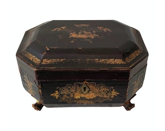Antique Chinese Export Double Pewter Canister Tea Caddy, 19th Century, Victorian Oriental Black Gold Laqueured Giltwood Casket Table Box