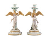 Pair of Antique Meissen German Rococo Polychrome Gilt Porcelain Hebe Ganymede Figural Candlesticks, 19th Century
