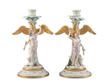 Pair of Antique Meissen German Rococo Polychrome Gilt Porcelain Hebe & Ganymede Figural Candlesticks, 19th Century