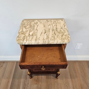 Antique French Transitional Louis XV XVI Style Amboyna Burlwood Gilt Bronze Mounted Marble Top Bedside Cabinet Nightstand image 5