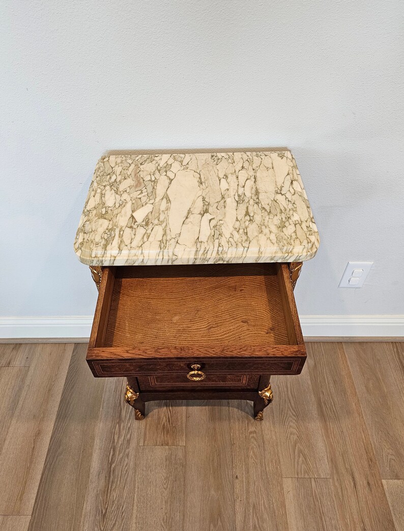 Antique French Transitional Louis XV XVI Style Amboyna Burlwood Gilt Bronze Mounted Marble Top Bedside Cabinet Nightstand image 5