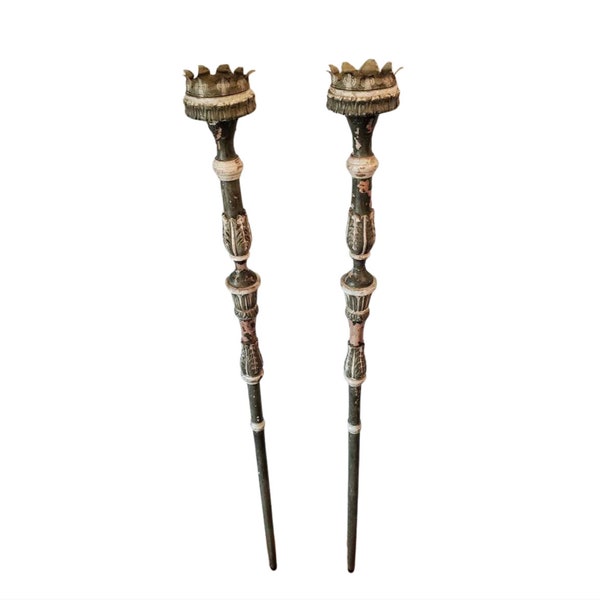 18th Century French Ecclesiastical Processional Pole Candlestick Torch Pair, Louis XVI Period Religious Antiques