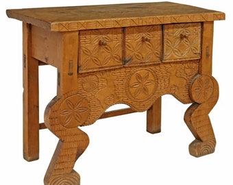 Vintage Guatemalan Nahualá Carved Wood Console Table, Dated 1963