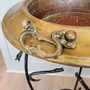 Antique Italian Wrought Iron Sculptural Serpent Snake Atheniennel Tripod with Hammered Copper & Brass Handled Brazier / Tiered Planter Stand image 6