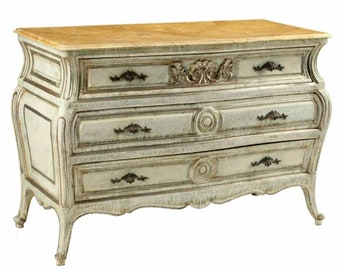 Vintage French Louis XV Style Faux Marble Painted Bombe Chest of Drawers Commode