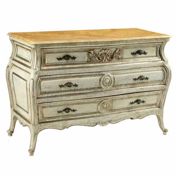 Vintage French Louis XV Style Faux Marble Painted Bombe Chest of Drawers Commode