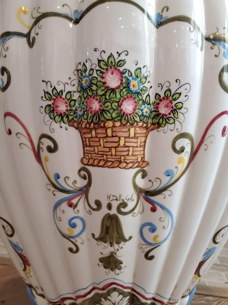 Monumental Italian Porcelain Hand Painted Fiori Urn Floor Vase, Signed, D.P. Italy, Artist M Dalla Costa image 5