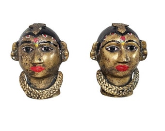 Antique India Painted Brass Hindu Gauri Head Sculpture Pair