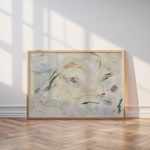 May include: A rectangular framed wall art piece featuring an abstract composition on a light beige background. The artwork displays scattered brushstrokes and thin lines in shades of sage green, soft pink, lavender, white, and muted brown.