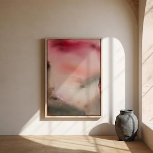 Cuadro minimalista en rojo, melocotón y rosa, lienzo enmarcado, arte abstracto, pieza moderna y orgánica que marca tendencia.