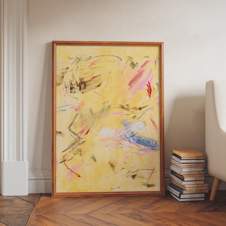 Modern Yellow Abstract Art, Gestural Framed Canvas Print, Minimalist Statement Painting image 7