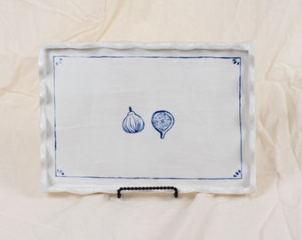 Blue and White Serving Platter Unique Porcelain Serving Tray Cheese Plate Charcuterie Board with Hand Drawn Figs