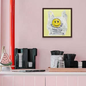 黄色のポップアート プラスチックバッグ スタディ リアルな静物画アート、美的壁アート | ファインアートプリント