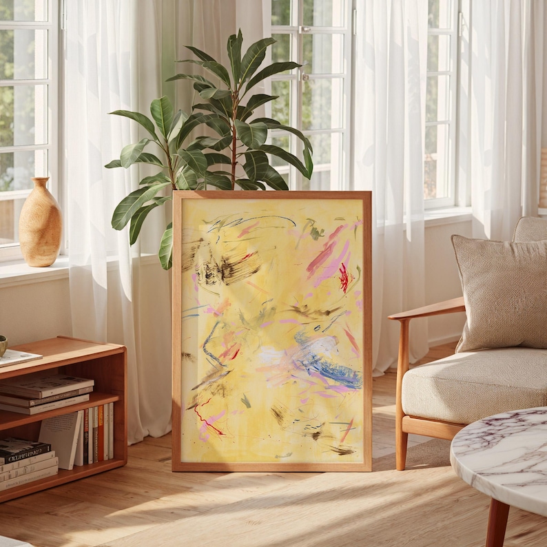 Modern Yellow Abstract Art, Gestural Framed Canvas Print, Minimalist Statement Painting image 8