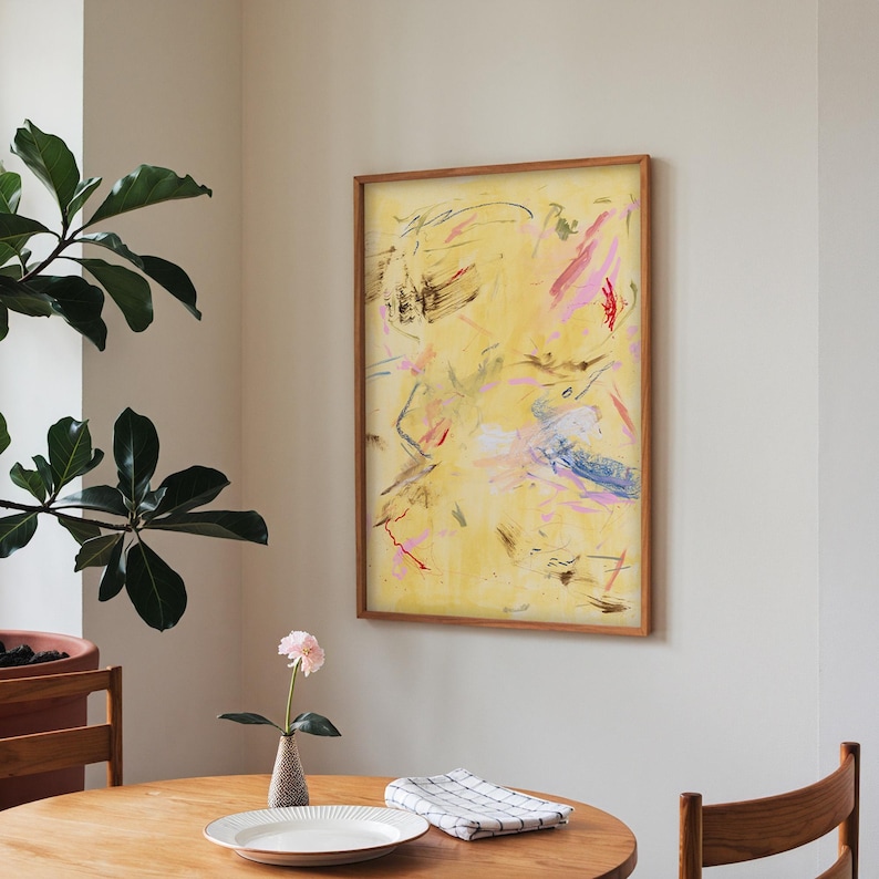 Modern Yellow Abstract Art, Gestural Framed Canvas Print, Minimalist Statement Painting image 5