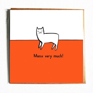 Manx mucho. Lindo gato GRACIAS tarjeta. Divertido juego de palabras ilustrado.
