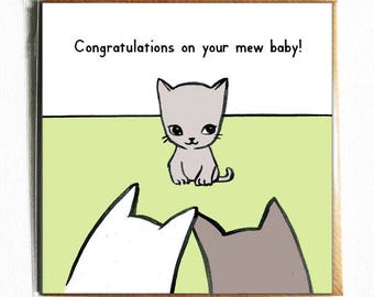 Congratulations on your Mew Baby (green) - Cute and funny illustrated cat pun New Baby card.