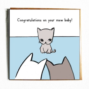 Felicidades por su Mew Baby (azul) - Lindo y divertido gato ilustrado juego de palabras New Baby Boy tarjeta.