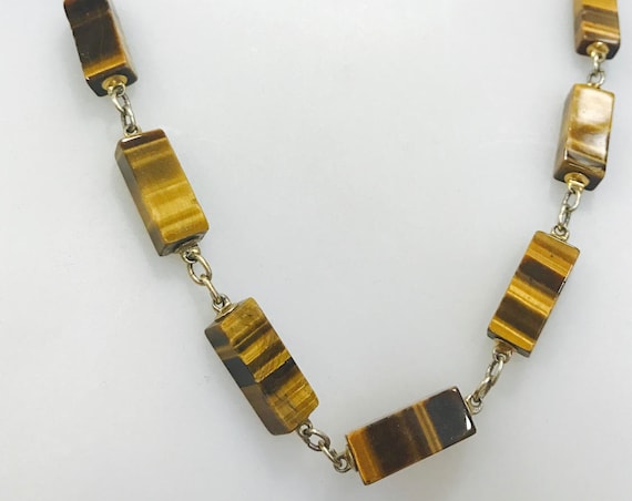 Vintage rectangular cut tigers eye agate stone beaded necklace