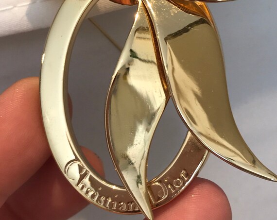 Authentic vintage iconic signed Christian Dior logo ribbon frame gold plated brooch pin