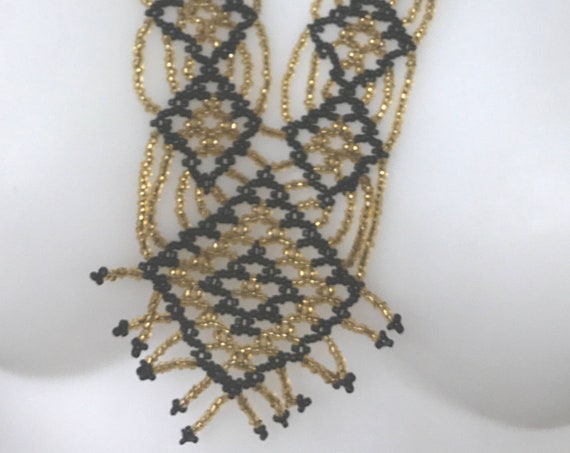 Beautiful hand beaded vintage statement piece necklace gold and black beads