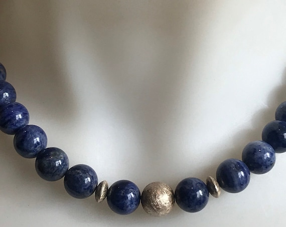 Beautiful blue agate round beaded necklace with brushed silver beads and clasp