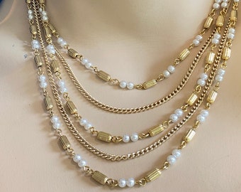 Vintage multi stranded gold and cream  pearl chain necklace