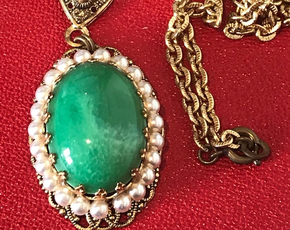 Vintage Western German green glass and faux pearl Filigree necklace