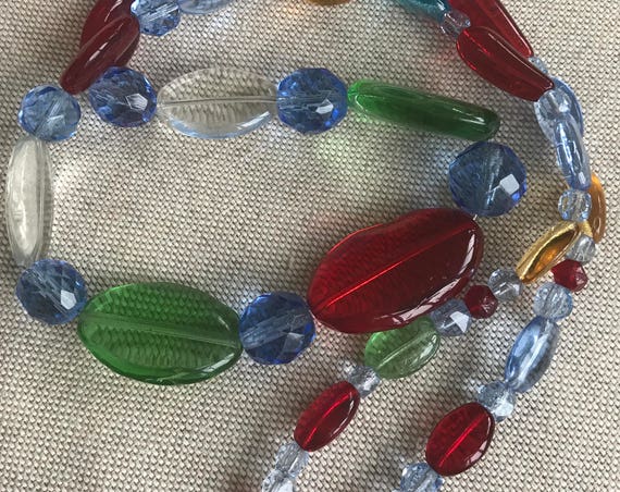 Vintage multi coloured transparent glass beaded glass necklace 23 inches in length
