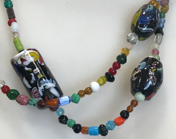 Stunning vintage Art Deco Venetian glass multi coloured long beaded necklace 46 inches