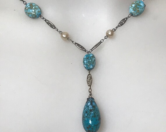 Beautiful Art Deco Vintage silver filigree and blue Peking glass drop choker necklace