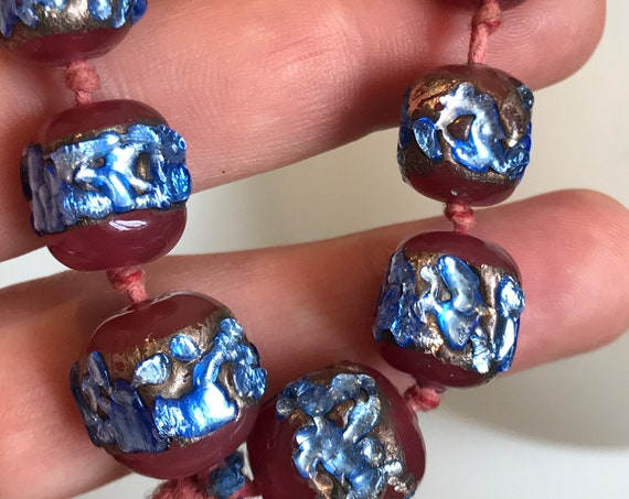 Unusual vintage Art Deco glass blue and red foil cube bead necklace 30 inches in length