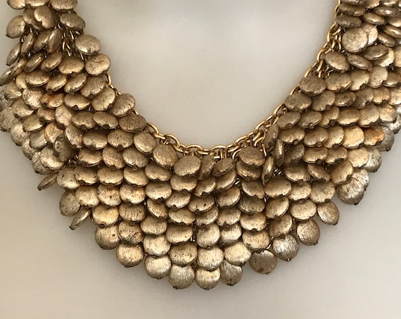 Statement piece gold toned chain choker necklace set with multiple beaded brushed gold droplets