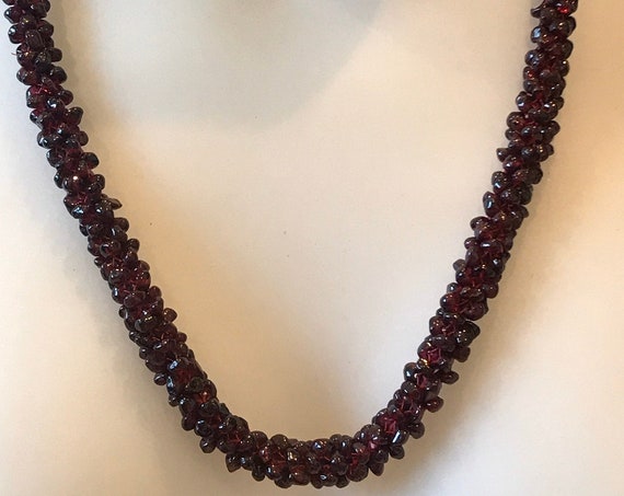 Vintage woven raspberry Czech Garnet beaded rope necklace 26” length